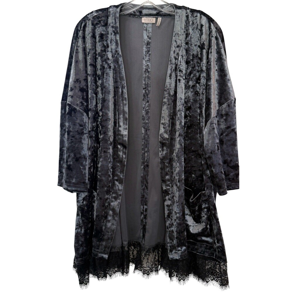 LOGO Lori Goldstein Tunic XL Silver Open Cardigan Burnout Velvet Lace Trim Fairy